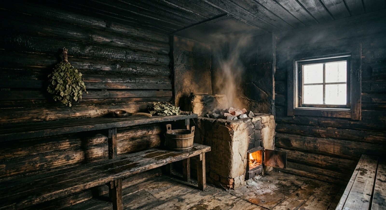 Баня по-чёрному: стены и потолок покрыты сажей
